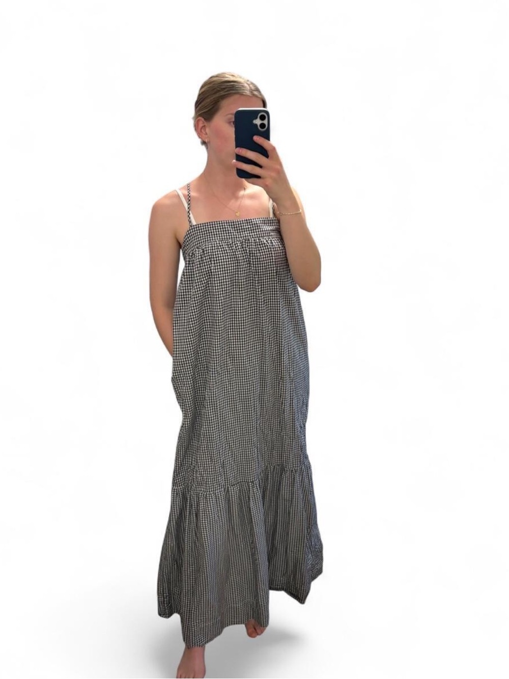 NICHOLAS Black and White Gingham Spaghetti-Strap Maxi Dress